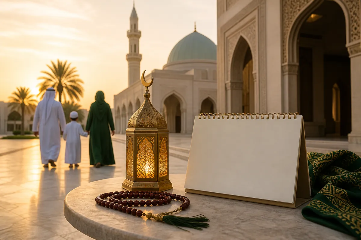 تقويم فارغ وفانوس وهلال وعائلة تتجه إلى المسجد في صباح عيد الفطر 2028