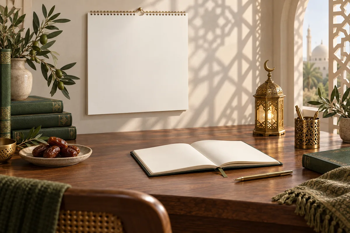 مفكرة سنوية فارغة لعام 2028 بجوار هلال وفانوس ودفاتر خضراء للتخطيط للمواعيد
