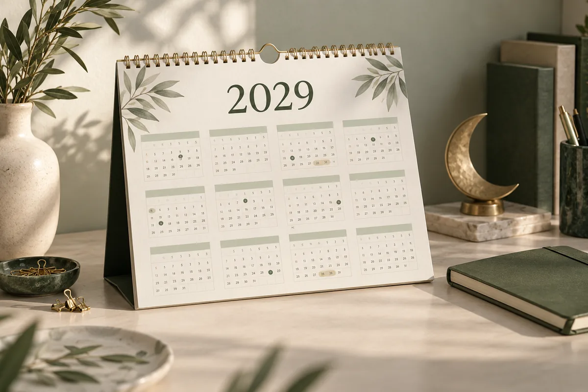 تقويم مكتبي مفتوح لعام 2029 بجوار هلال ودفتر أخضر للتخطيط السنوي