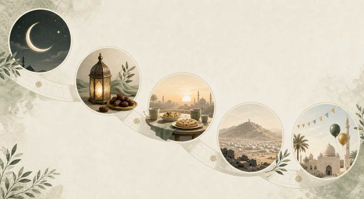 تسلسل بصري لهلال وفانوس وفجر ومشهد حج وصباح عيد يرمز إلى محطات السنة الهجرية 1451