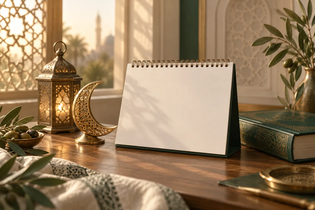 تقويم مكتبي مفتوح يرمز إلى السنة الهجرية 1452 بجوار هلال وفانوس وكتاب أخضر
