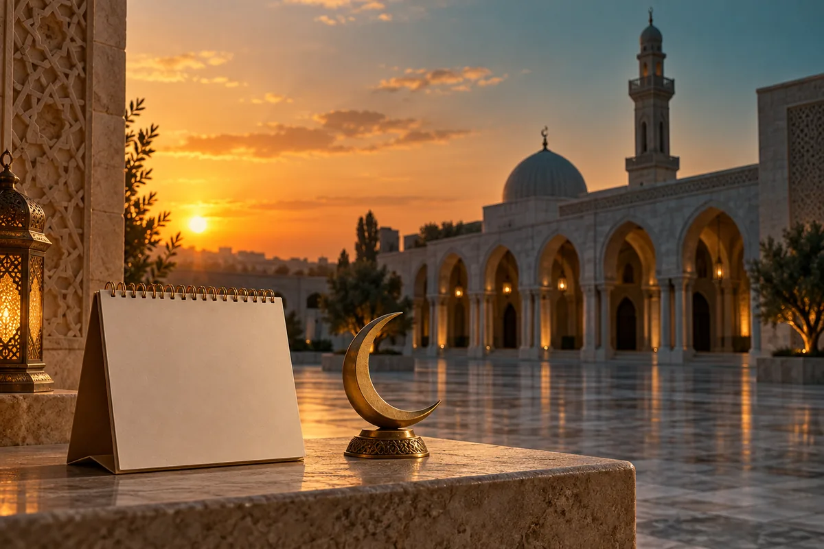 تقويم فارغ وهلال وفانوس في فناء مسجد عند غروب الشمس لشرح بداية عام 1450 الهجري