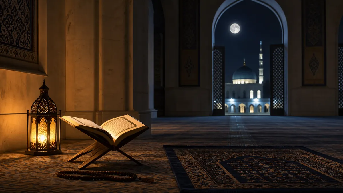 مصحف مفتوح ومسبحة وفانوس في مسجد هادئ خلال إحدى ليالي رمضان الأخيرة