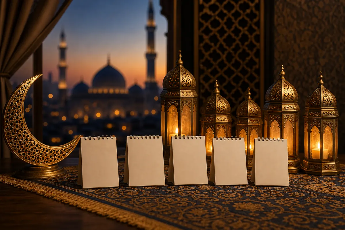 خمسة تقاويم صغيرة وخمسة فوانيس ترمز إلى الليالي الوترية في العشر الأواخر من رمضان