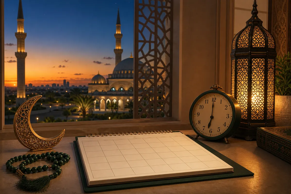 تقويم فارغ وساعة وفانوس عند غروب الشمس للتحقق من بداية ليالي رمضان محليا
