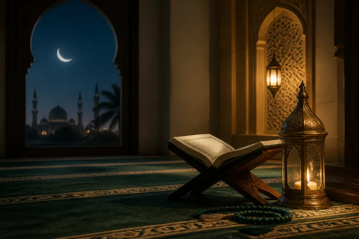 مصحف مفتوح وفانوس ومسبحة في مسجد هادئ خلال ليالي رمضان الأخيرة