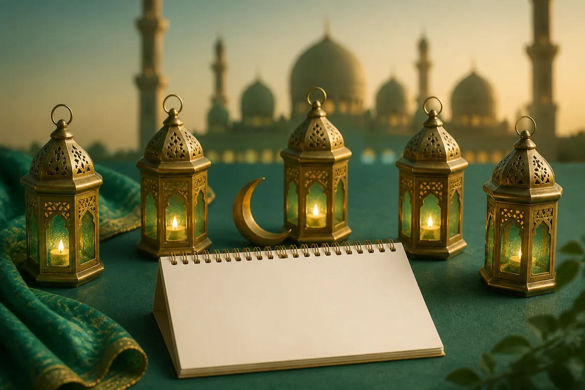 خمسة فوانيس وهلال ودفتر تقويم فارغ ترمز إلى الليالي الوترية في العشر الأواخر