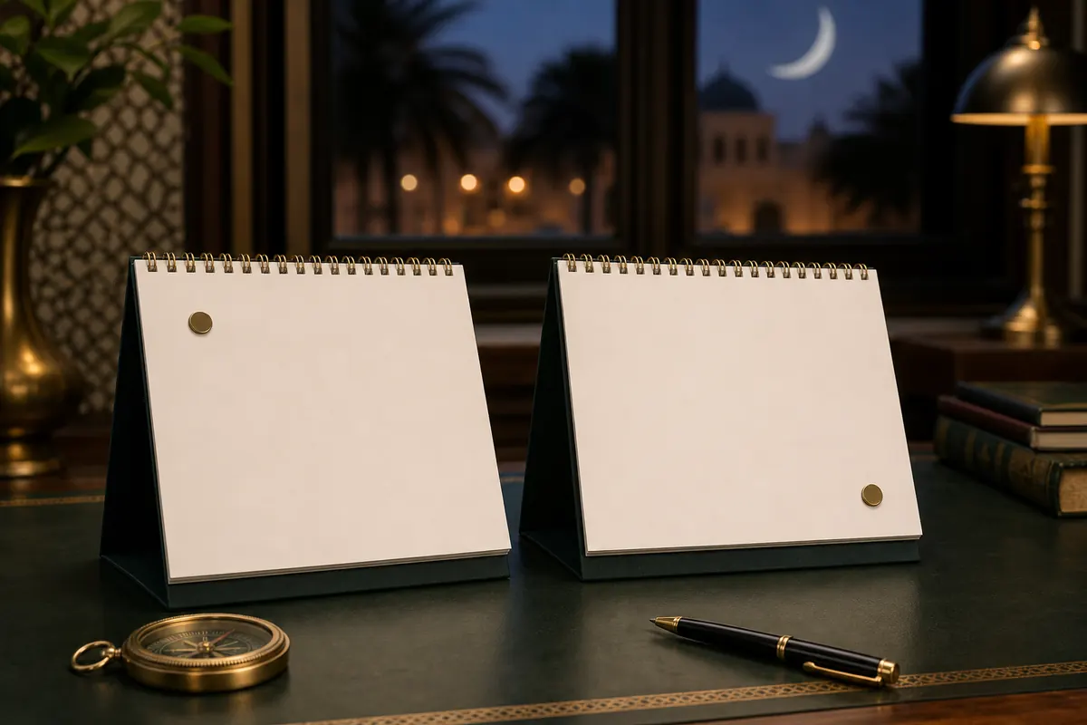 تقويمان متجاوران بعلامتين ذهبيتين في موضعين مختلفين لشرح فرق يوم في موعد المولد النبوي