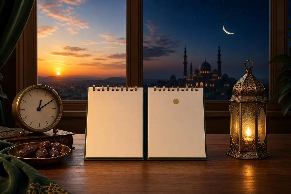 غروب يتحول إلى ليلة هلال بين صفحتي تقويم تمثلان ليلة رمضان وأول يوم صيام