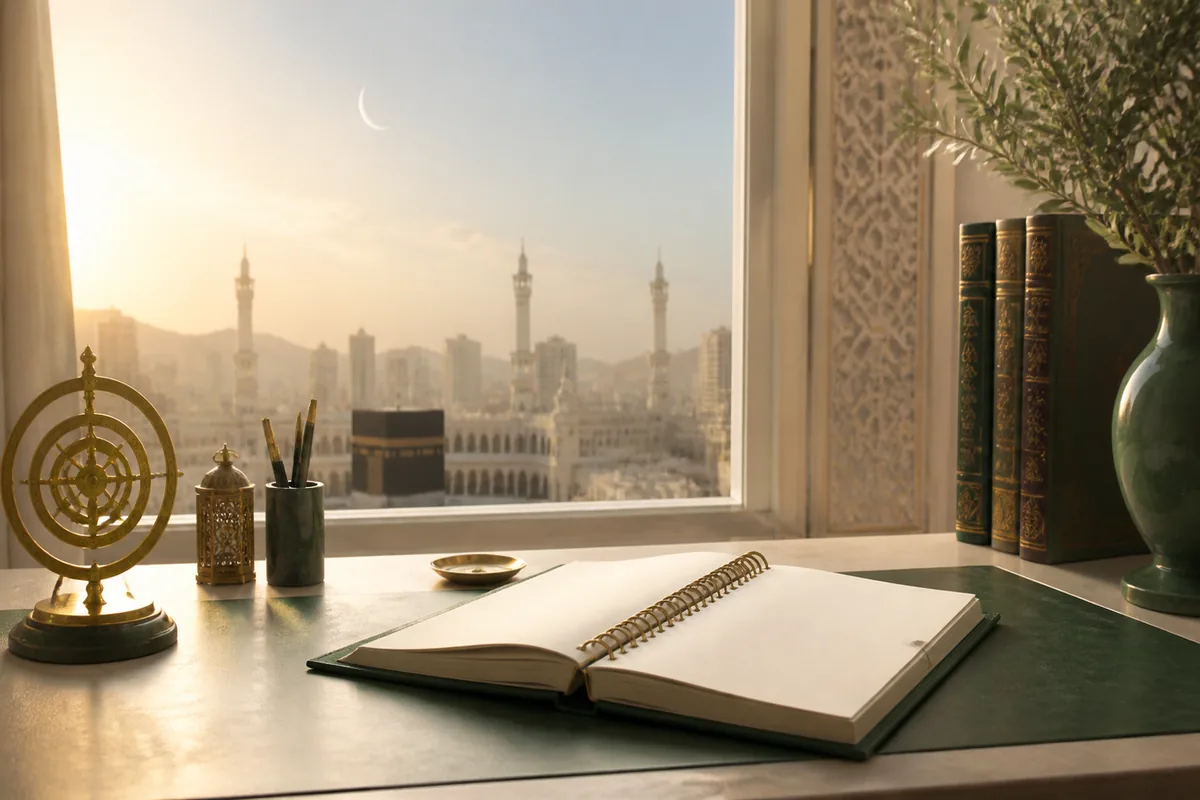 تقويم مفتوح على مكتب أمام منظر مكة وهلال في السماء يوضح مرجع أم القرى للتاريخ الهجري